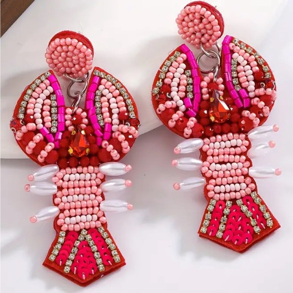 Pink Lobster Beaded Rhinestone Earrings Multicolored Boho Gift Jewelry Beach - Picture 3 of 3